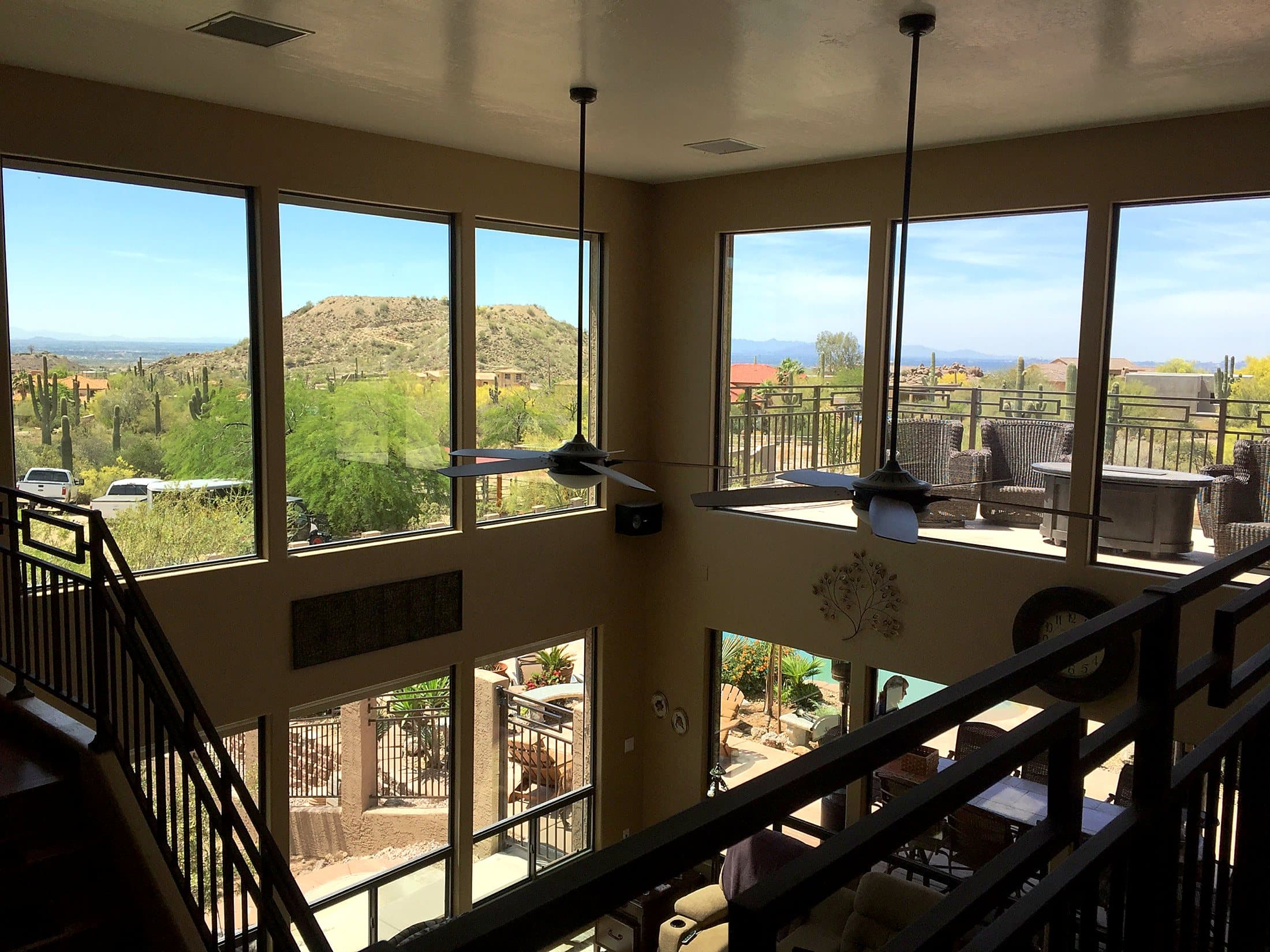 Two-story great room windows cleaned inside and out, overlooking saguaros and the valley — Fountain Hills area, Arizona
