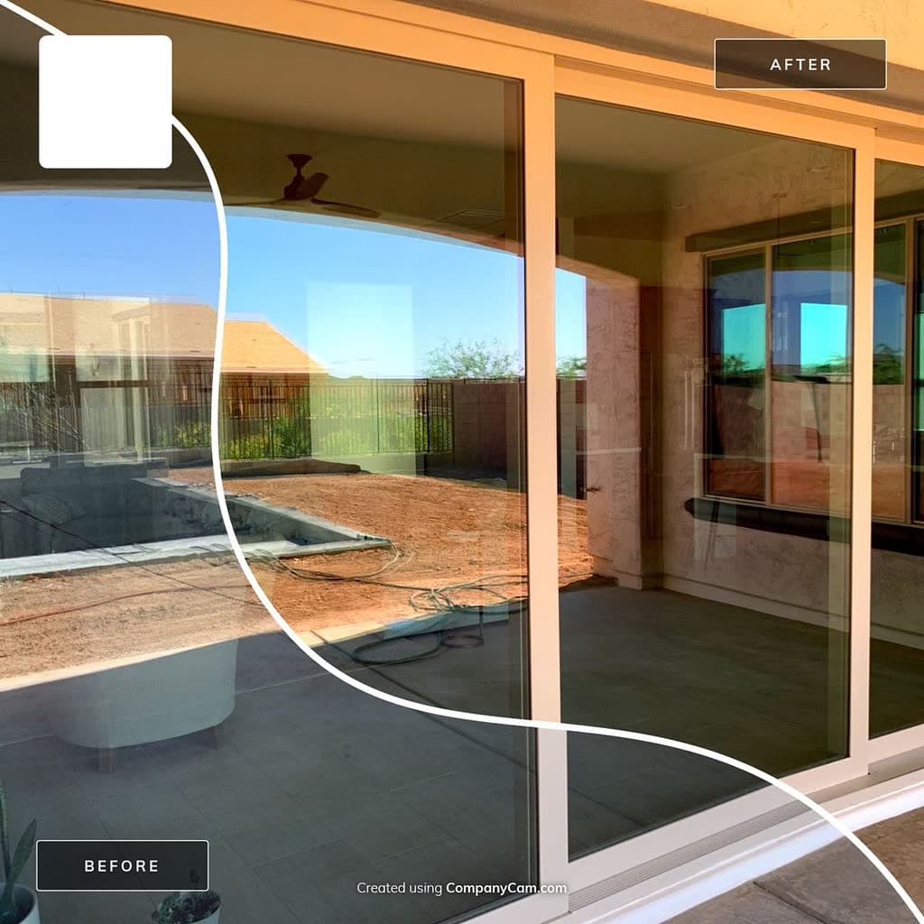 Before and after on a sliding patio door — hazy film versus sharp outdoor reflections, East Valley home