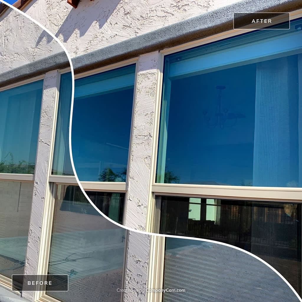 Before and after comparison on residential windows — dusty glass versus clear sky reflections, Eastmark-area home
