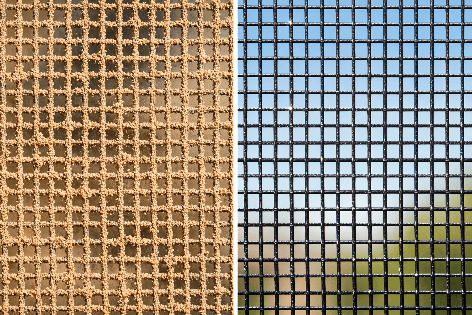 Screen cleaning before and after — dusty sunscreen restored to clear mesh, East Valley Arizona